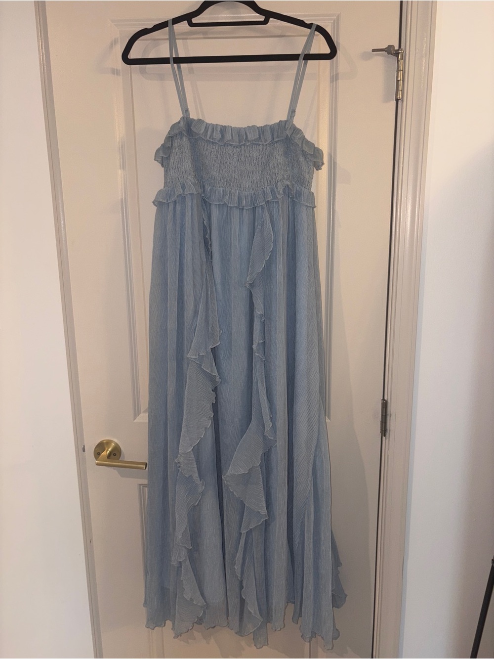 Aqua Light Blue Ruffle Maxi Dress with Smocked Bodice